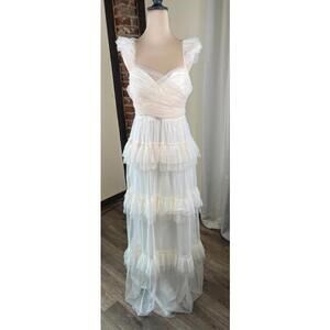 Maniju Cream Ruffle Tiered Maxi Dress, Size M NWT